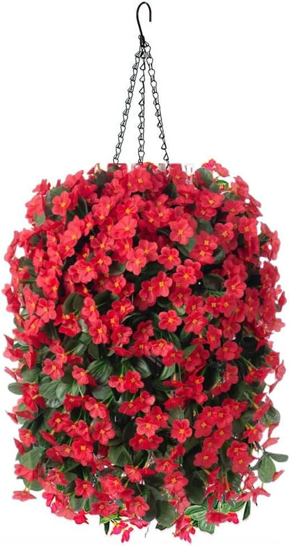 HyeFlora Artificial Fake Red Hanging Flowers Plants Basket for Outdoor Outside Winter Christmas Decor, Faux Silk Daisy Flower Look Real UV Resistant Orchid Vine Plant for Porch Garden Yard Patio Home