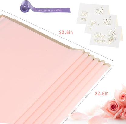 YIDATIKER 20 sheet Flower Wrapping Paper,waterproof floral wrapping paper for bouquets,DIY Florist Supplies Packaging Paper with satin ribbon for Wedding,Brithday,Valentine's Day(Pastel Pink