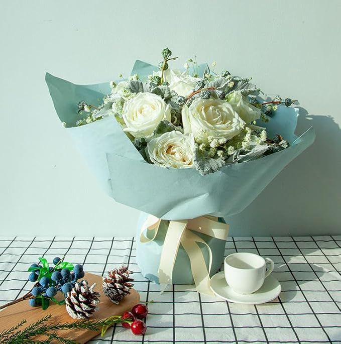 LeZakaa 20 Sheets Flower Wrapping Paper - Waterproof Reversible Floral Bouquet Paper - Military Green Design for Father's Day, Graduation, Party, Holiday