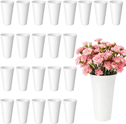 24 Pack Flower Buckets 9.84 Inch Plastic Flower Vases, Decorative Flower Buckets for Flower Bar, Modern Round Vases for Centerpieces Floral Display, Table Home Wedding Decorations (White)