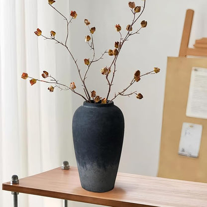 12 Inch Rustic Ceramic Vase, Black Flower Vases for Centerpieces, Farmhouse Decor for Living Room, Entryway & Kitchen, Vintage Pottery Vase for Wedding Gifts