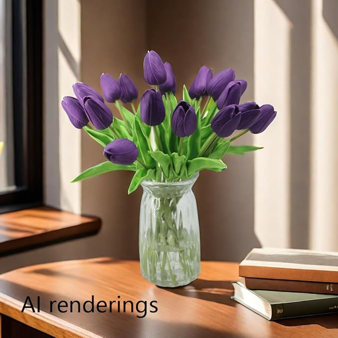 Artificial Flowers 10 Heads Mini Real Touch Artificial Tulip for Home Wedding Party Centerpiece Decoration (Dark Purple)