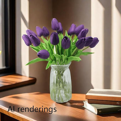 Artificial Flowers 10 Heads Mini Real Touch Artificial Tulip for Home Wedding Party Centerpiece Decoration (Dark Purple)
