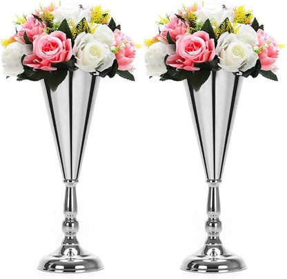 Set of 2 Tabletop Metal Wedding Flower Trumpet Vase Wedding Centerpiece Flower Vase for Wedding Event Decoration Living Decor Party Decor (Silver, 2×M)