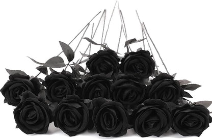 12Pcs Black Roses Artificial Flowers Fake Rose Faux Velvet Silk Flowers for Home Wedding Decoration (Pearl Roses, Pure Black)