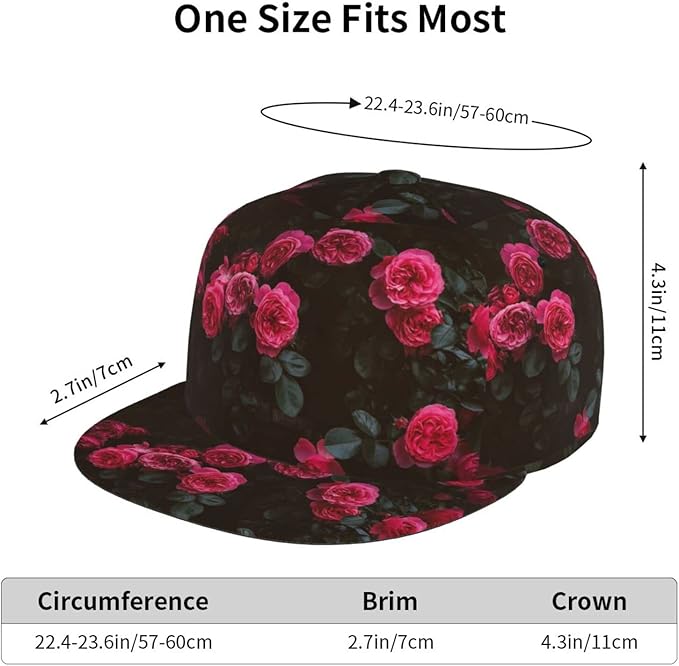 ASYG Rose Baseball Cap Women Hat Fashion Flat Bill Brim Flowers Adjustable Hats Cute Cap