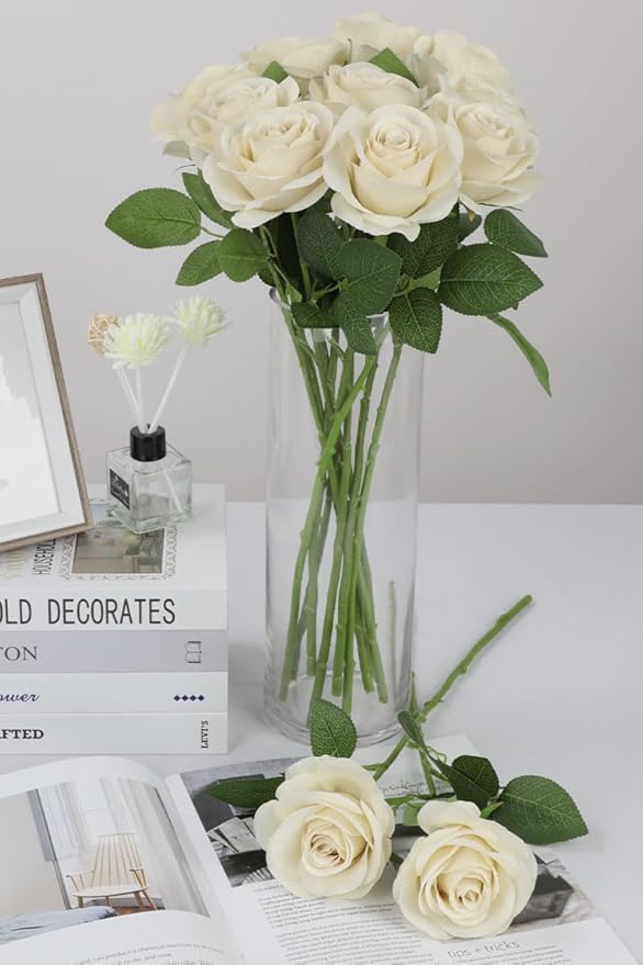 30pcs Roses Artificial Flowers Beige Silk Roses with Long Stems Fake Flowers for Wedding Bouquet Centerpices Decorations Party Bridal Baby Shower Home Decor