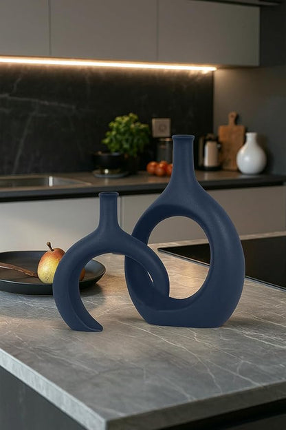 Blue Ceramic Vase Set of 2 - Modern Navy Blue Vase for Dining Table Centerpieces, Farmhouse and Home Decor, Office Partitions, Mantelpiece, Entrance Decoration