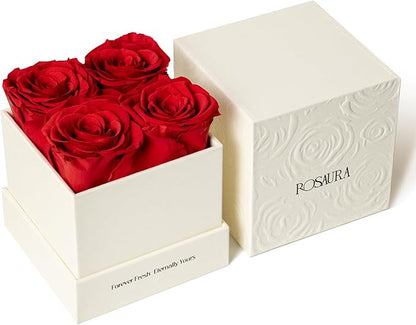 Rosaura 4-Piece Eternal Preserved Roses & Flowers Gift Box - Forever Lasting Real Roses, Preserved Flowers for Valentine's Day Red