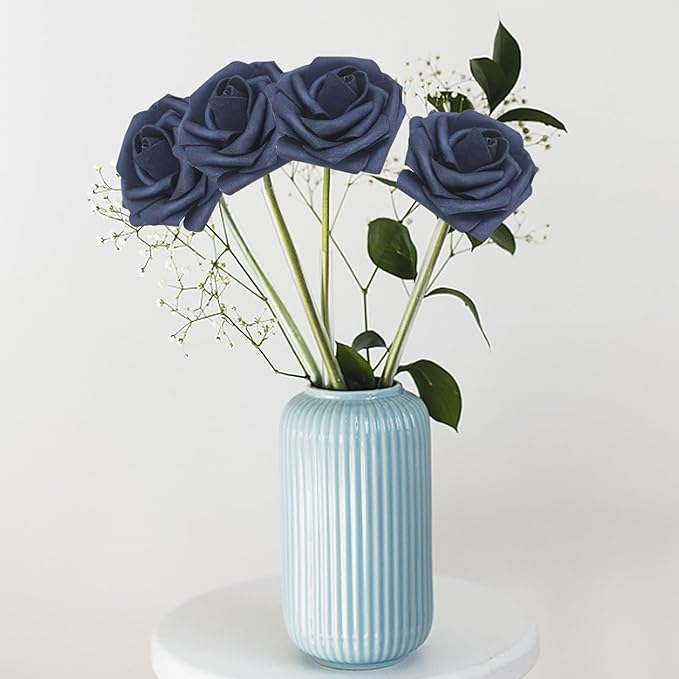 Artificial Flowers Navy Blue Roses 50PCS Real Looking Foam Fake Roses with Leaves and for DIY Wedding Bouquets Bridal Shower Centerpieces Party Decorations (Navy Blue)