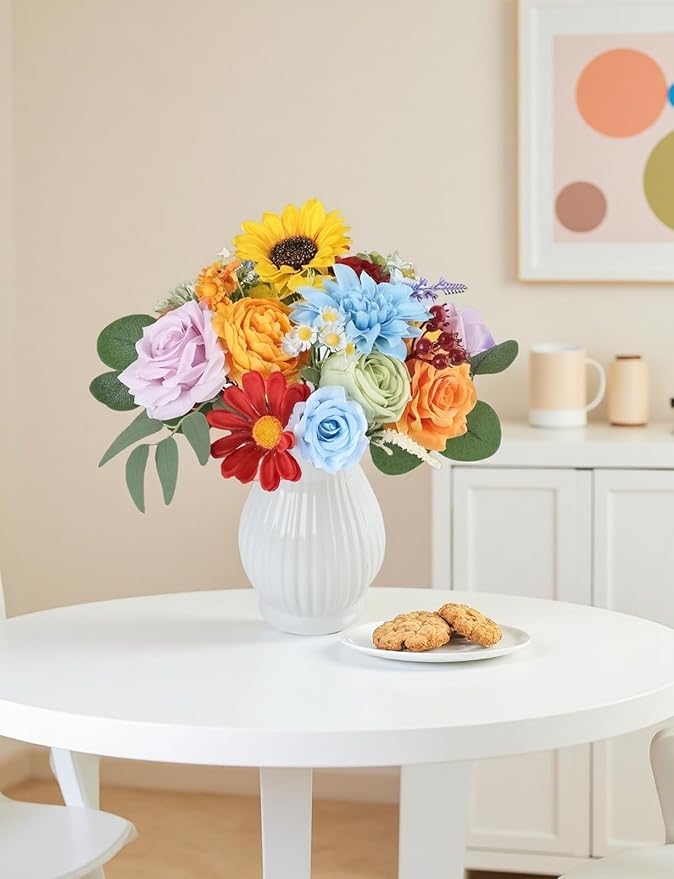 Multi Use Rainbow Colorful Artificial Flowers Combo, Fake Roses Silk Sunflower with Stems for DIY Bridal Wedding Bouquets Baby Shower Floral Arrangements Centerpiece Party Home Decorations (Rainbow2)