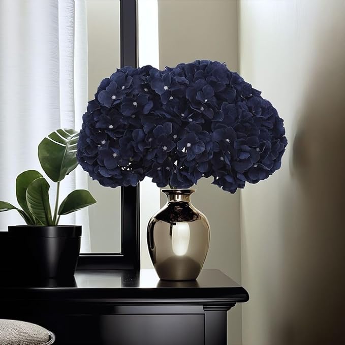 2Bouquets Artificial Fake Flowers Silk Hydrangea Arrangements Wedding Bouquets Decorations Plastic Floral Home Kitchen Garden Party Festival Bar DIY (Navy Blue)