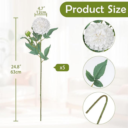 Hollyone 5PCS Dahlia Artificial Flowers 24.8" Cream White Fake Ball Dahlias Silk Flowers Faux Roses Flower with Long Stems for DIY Wedding Bouquets Centerpieces Arrangements Bridal Shower Home Decor