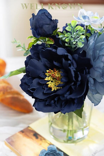 WELL KNOWN Artificial Flowers in Glass Vase with Fake Water, Silk Peony Flower Bouquet for Home Dinning Tea Table, Office Desktop, Hotel, Wedding, Party, Lavatory Decor & Gift (Navy Blue & Light Blue)