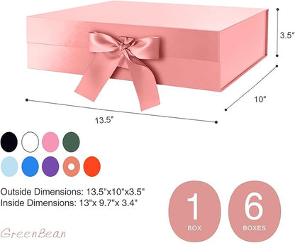 GREEN BEAN Large Gift Box with Lid for Presents 13x9.7x3.4 Inches, Gift Box Rose Gold Magnetic with Ribbon, Bridesmaid Proposal Box Luxury (Glossy Rose Gold)