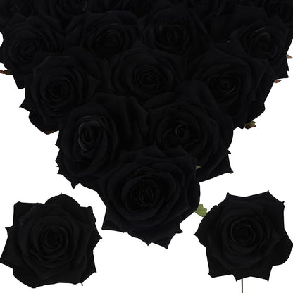 Artificial Roses 16pcs Velvet Black Roses Artificial Flowers 3.94" Fake Black Roses for Wedding Flowers Black Rose Decor for Centerpieces Home Party Decor (Black)