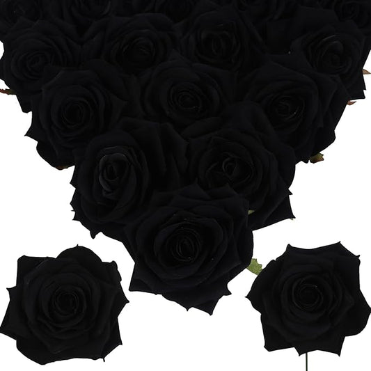 Artificial Roses 16pcs Velvet Black Roses Artificial Flowers 3.94" Fake Black Roses for Wedding Flowers Black Rose Decor for Centerpieces Home Party Decor (Black)