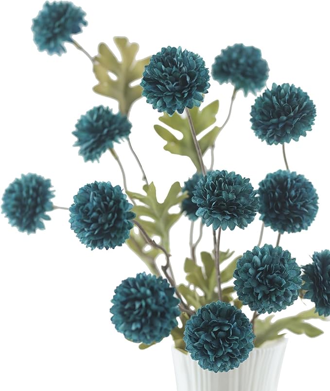 DuHouse 6pcs Artificial Flowers Faux Silk Pompon Mum,Silk Small Mini Chrysanthemum Ball with Stems for DIY Bouquets Centerpieces Vase Home Table Kitchen Decorations(Peacock Blue)