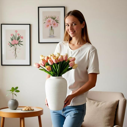 Large Ceramic Vase, 10.24 inch Minimalist Vase for Home Decor, Handmade Farmhouse Flower Vase for Table Centerpiece, Wedding, Living Room, Kitchen Decoration, Shelf Decor (Rice White)
