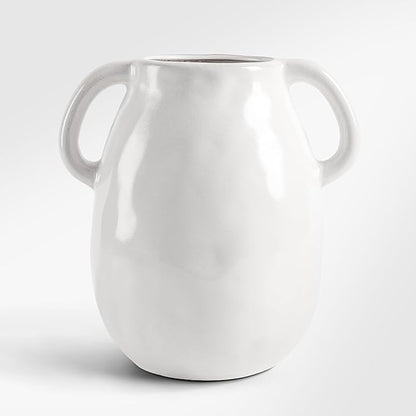 7 Inch Rustic White Ceramic Vase with Double Handles, Retro Farmhouse Glazed Clay Vases for Flowers, Decorative White Flower Vase for Bouquet, Home Décor, Table, Shelf, Kitchen, Living Room