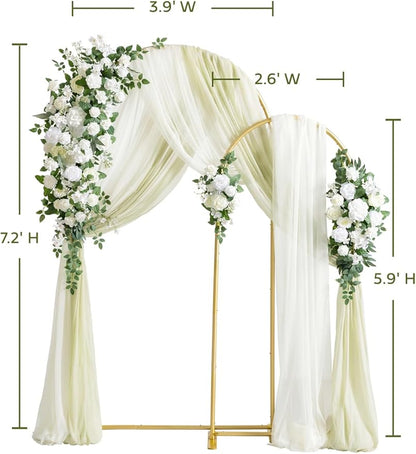 Ling's Moment Wedding Arch Backdrop Stand with Flowers - 7.2FT, 6FT Double Metal Arch Frame with Drapes for Ceremony Decoration - Bridal Shower, Artificial Floral Birthday, Set of 2, White Ivory Green