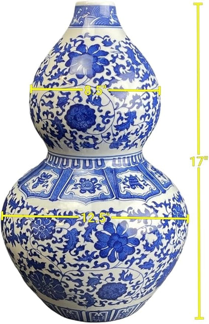 17" Classic Blue and White Porcelain Gourd-Shaped Vase, China Ming Style, Happiness, Good Fortune, Fengshui, Jingdezhen, Free Wood Base