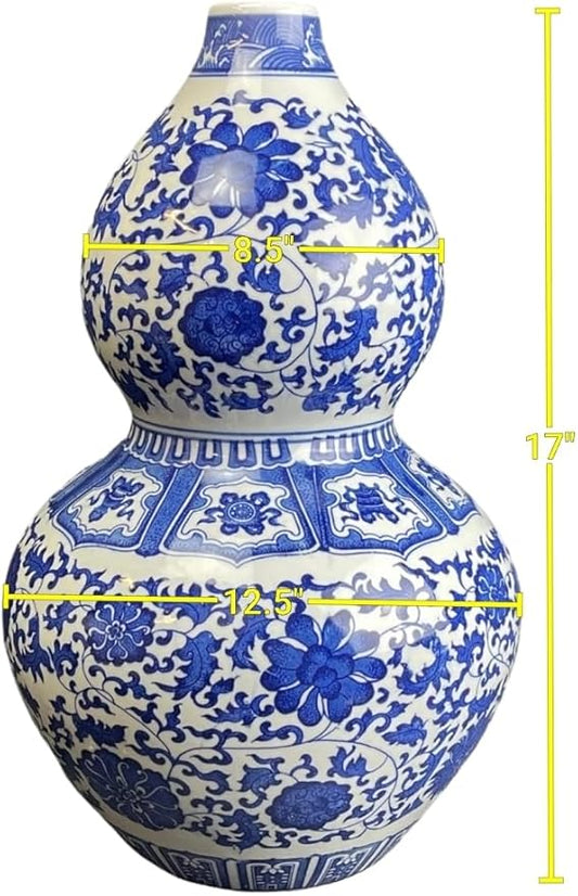 17" Classic Blue and White Porcelain Gourd-Shaped Vase, China Ming Style, Happiness, Good Fortune, Fengshui, Jingdezhen, Free Wood Base