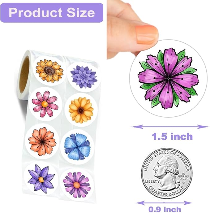 600 Pcs Flowers Stickers for Kids 1.5 Inch 16 Styles Round Flowers Stickers Roll for Girls Boys Flowers Party Favors Birthday Decoration Supplies Teachers Student Classroom Reward