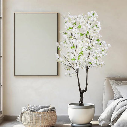 Artificial Cherry Blossom Tree Faux White Flower Tree,6 FT Fake Cherry Blossom Tree Indoor Outdoor for Home Decor