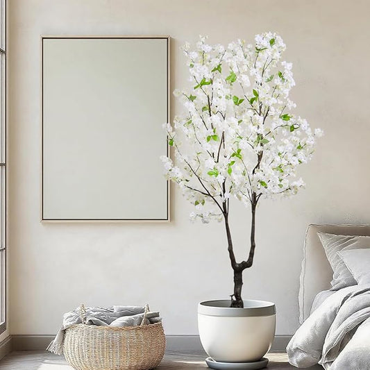 Artificial Cherry Blossom Tree Faux White Flower Tree,6 FT Fake Cherry Blossom Tree Indoor Outdoor for Home Decor