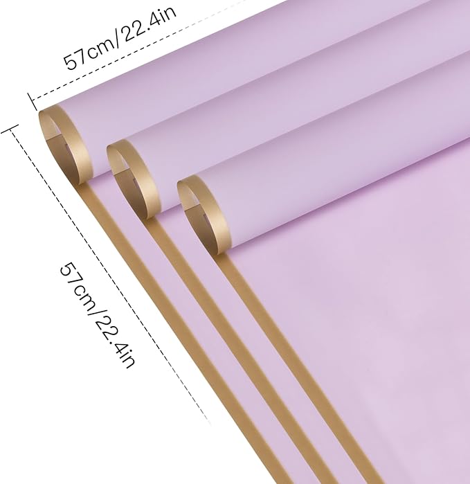 WRAPAHOLIC 20 Sheets Flower Wrapping Paper - 22.4 x 22.4 inch Gold Trim Purple Water-Resistant Floral Bouquet Wrapping Paper, Florist Supplies Packaging Paper for Wedding Birthday Gift DIY
