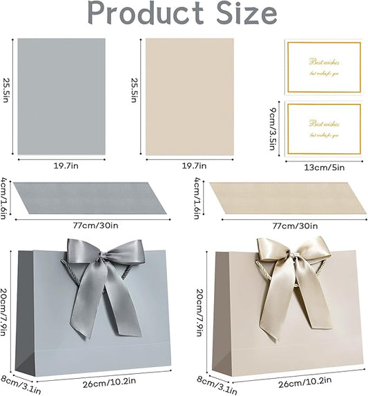 JMANNI Gift Bags, Medium Gift Bags for Presents with Bow Ribbon, Party Bags with Handles 4 Tissue Papers and 2 Cards for Weddings, Birthday, Party, Celebration, Christmas(Brown-Silver 2Pcs)