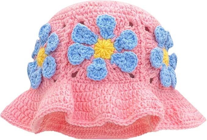 Crochet Bucket Hat for Women Flower Knit Hat Hollow Out Foldable Cap Hats