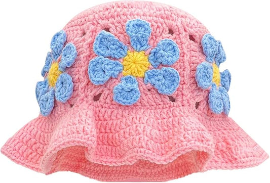 Crochet Bucket Hat for Women Flower Knit Hat Hollow Out Foldable Cap Hats