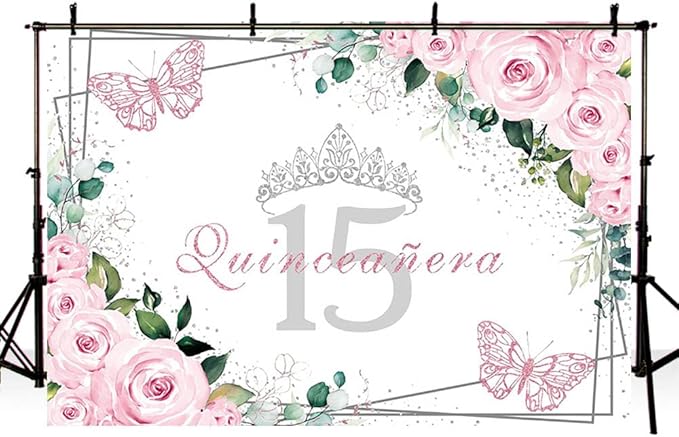 SENDY 8x6ft Quinceañera Backdrop Mis Quince 15 Anos Birthday Party Decorations Supplies for Girl Princess Pink Floral Butterfly Silver Crown Photography Background Banner Photo Booth Studio Props