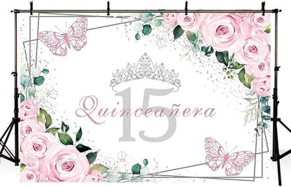 SENDY 8x6ft Quinceañera Backdrop Mis Quince 15 Anos Birthday Party Decorations Supplies for Girl Princess Pink Floral Butterfly Silver Crown Photography Background Banner Photo Booth Studio Props