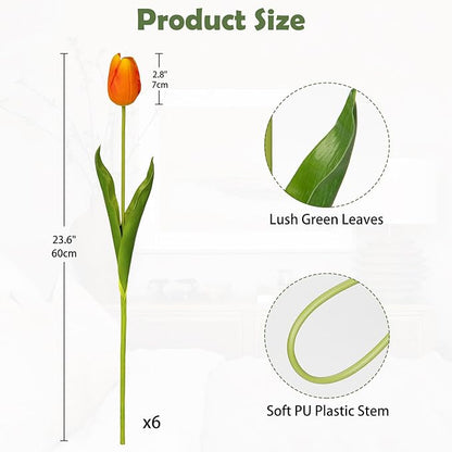 6PCS 23" Fake Tulip Flowers Artificial Orange Tulips Long Stem Faux Flower, Silk Flower Décor for Floral Arrangement Home Farmhouse Wedding Decoration