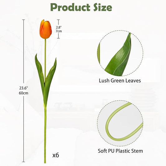6PCS 23" Fake Tulip Flowers Artificial Orange Tulips Long Stem Faux Flower, Silk Flower Décor for Floral Arrangement Home Farmhouse Wedding Decoration