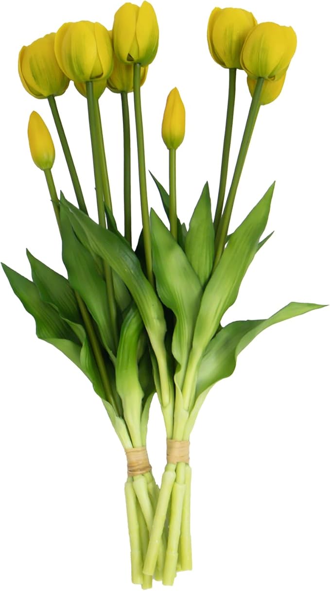 10 Pack Real Touch Tulips Artificial Flowers, 15.7 Inch Bendable Latex Tulips - No Maintenance Faux Flowers for Vase, Home Decor, Wedding Centerpiece (Yellow)