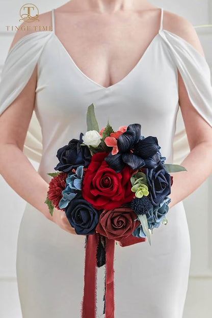 TINGE TIME Artificial Flowers Combo Mix Silk Flowers Navy Blue Roses w/stem for DIY Wedding Bridal Bouquets Baby Shower Floral Arrangement Table Centerpieces Home Decorations (Red & Navy Blue & White)