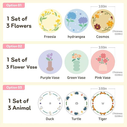 FLT Silicone Colorful Coaster Set of 3, Non-Slip Drink Mat, Cute and Unique Printed Design (Made in Korea) (Pastel - Vase)