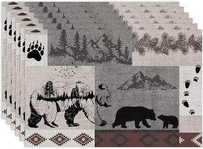 Retro Rustic Lodge Bears Placemats Set of 6, Vintage Cabin Pine Tree Farmhouse Country Style Place Mats, Heat Resistant Non Slip Cotton Linen Dining Table Mats for Home Kitchen 18x12 Inch