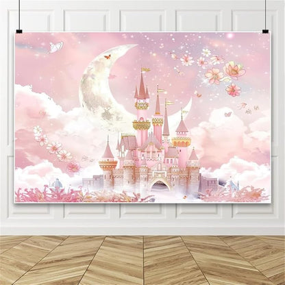 AOFOTO Castle Backdrop Princess Spring Pink Floral Moon Printed Fairy Tale Photography Background for Girl Birthday Baby Shower Party Banner Home Decor Wall Photo Studio Booth Props 7x5ft