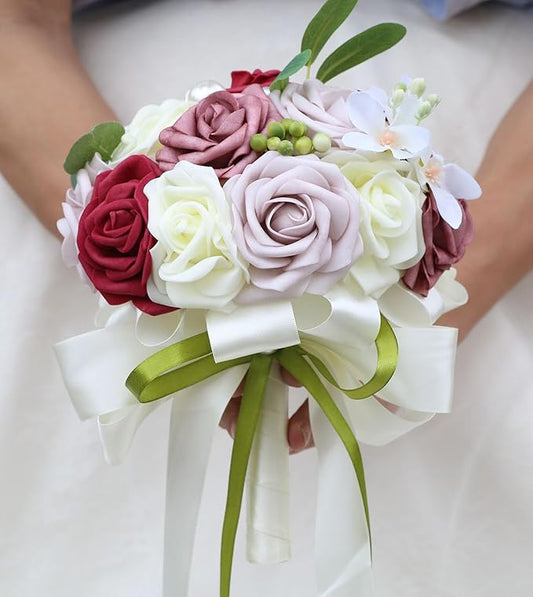 Lightweight Bridal Wedding Bouquet Round Holding Bouquet Throw Toss Artificial Rose Flower Bunch for Bride Bridesmaid Wedding Quinceanera (Cream, Smoky Rose, Light Taro & Burgundy, 6.7")