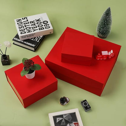 6 Pcs Small Red Gift Box 6x6x3 Inch Magnetic Box with Crinkle Paper Red Small Gift Box with Shredded Paper Luxury Gift Boxes with Lids for Presents