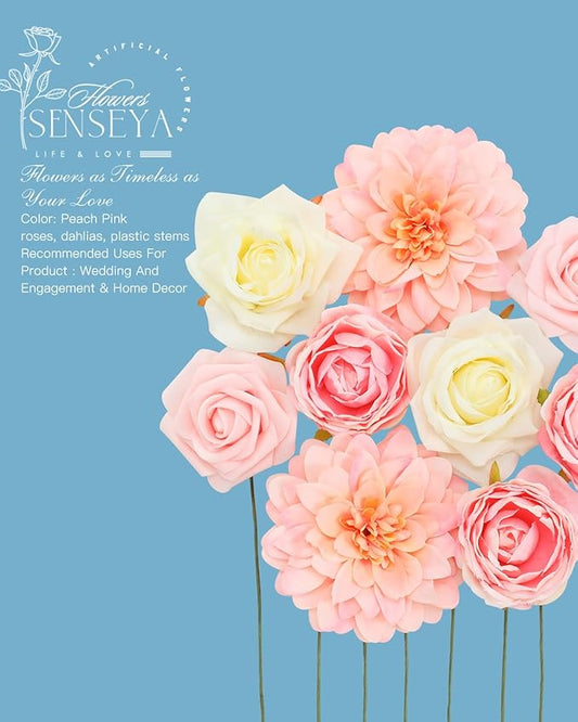 Senseya Artificial Flowers Combo, Peach Pink Silk Roses, Peonies, Dahlias with Stems for DIY Wedding Bouquets, Baby Shower, Table Centerpieces, Home Decor, Fake Floral Arrangements, Party Decorations