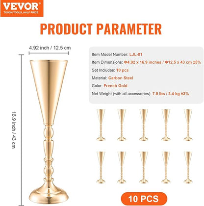 VEVOR 10PCS 43cm/16.9” Tall Wedding Flower Vase, Metal Wedding Trumpet Centerpiece, Gold Floral Stand Display Rack for Tables Wedding Dinner Party, Anniversary Ceremony Birthday Event Decor