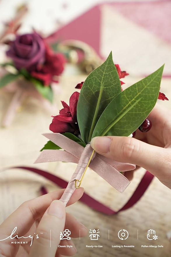 Ling's moment Boutonniere for Men, 6pcs Groom Groomsmen Boutonniere, Artificial Flowers for Wedding Decor/Prom/Homecoming, etc.Burgundy Marsala