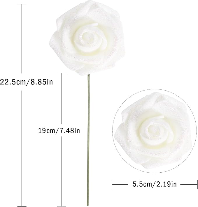 IPOPU Artificial Roses,25pcs White Glitter Roses Glitter Flowers Foam Roses with Stems for DIY Wedding Bridal Bouquet Home Party Decoration(White)