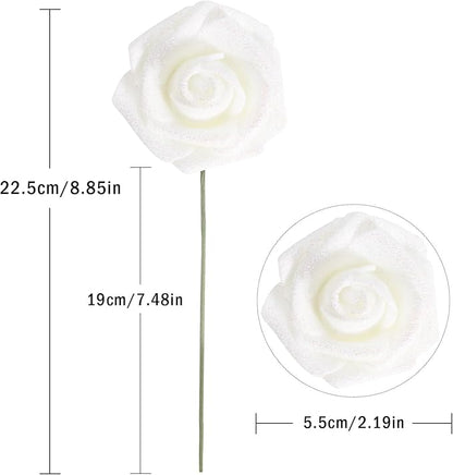 IPOPU Artificial Roses,25pcs White Glitter Roses Glitter Flowers Foam Roses with Stems for DIY Wedding Bridal Bouquet Home Party Decoration(White)